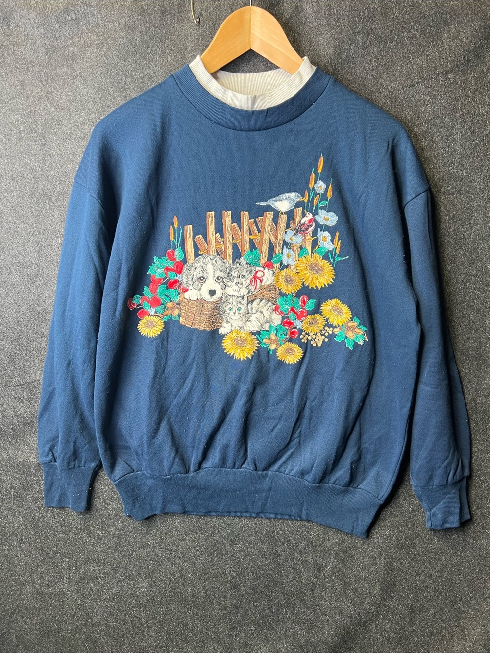 Vintage 90s Basic Editions Navy Blue Sweatshirt Womens M Animal Floral Retro
